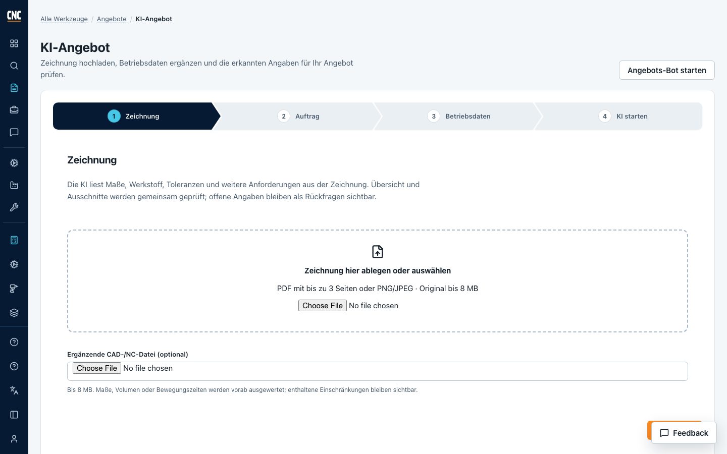 KI-Angebot in der App: Pfeil-Schrittleiste mit Zeichnung, Auftrag, Betriebsdaten und Start der Analyse.