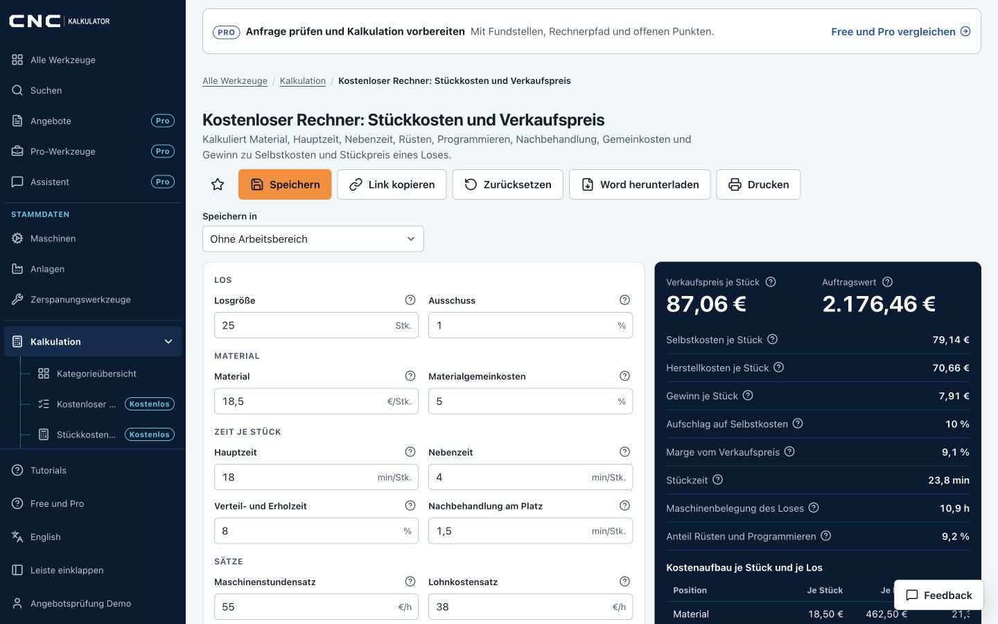 Kostenloser CNC-Rechner mit Eingaben, Ergebnissen und Erläuterungen in der Web-App.
