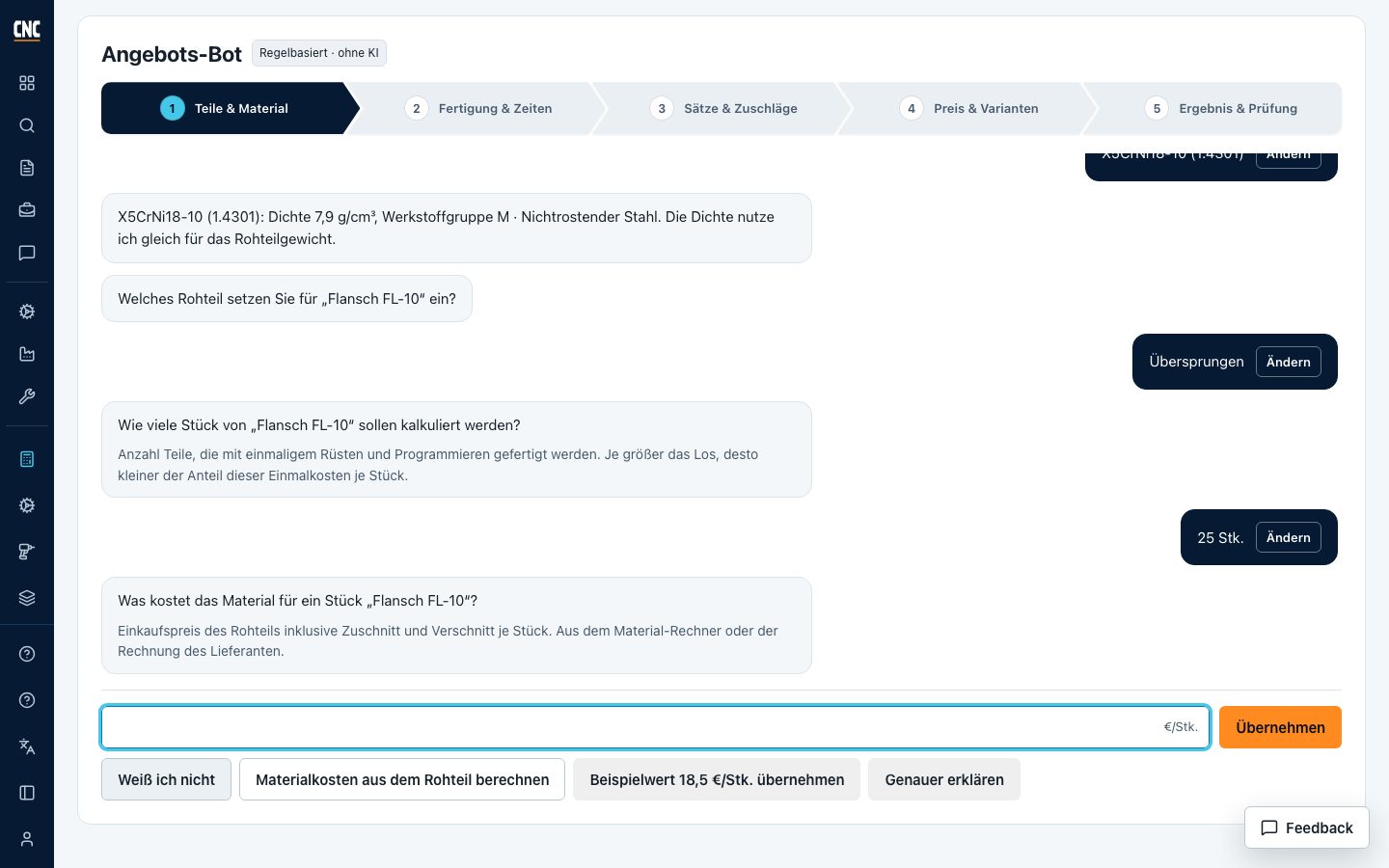 Kostenloser Angebotsassistent mit Angebots-Bot: Pfeil-Schrittleiste, Fragen mit Erklärungen und Werkstoffsuche für ein Demo-Bauteil.