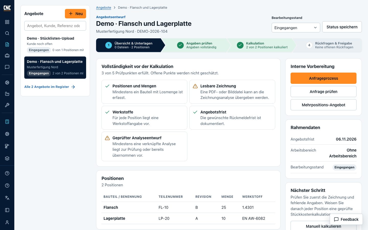 Angebotsverwaltung mit Angebotsliste links und Angebot rechts, darüber die Prozessleiste von Unterlagen bis Freigabe.